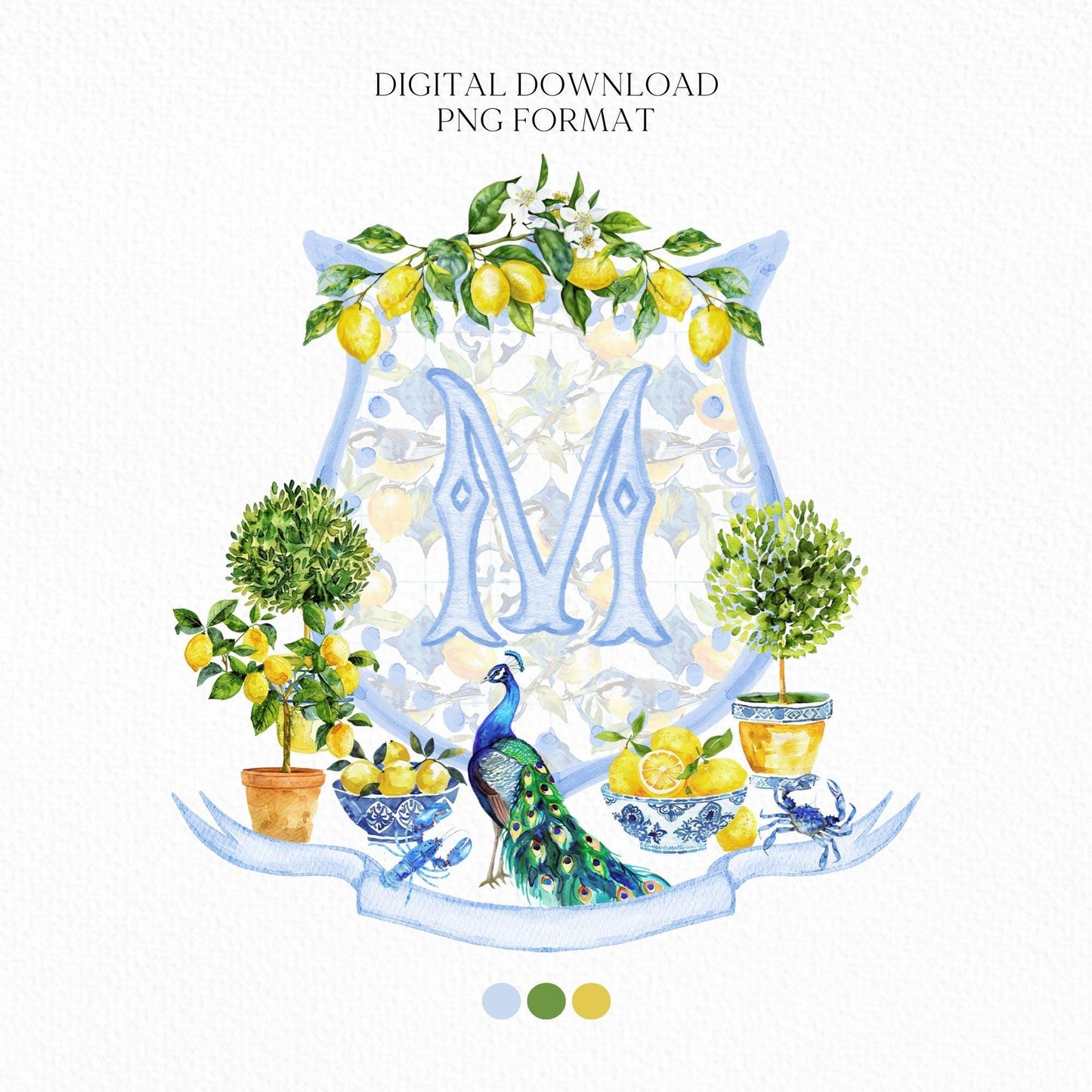 Mediterranean Tiles and Lemons Wedding Crest - Monogram Crest - Mediterranean Tiles Watercolor Wedding Crest - Italy Style Monogram Crest