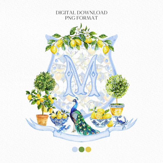 Mediterranean Tiles and Lemons Wedding Crest - Monogram Crest - Mediterranean Tiles Watercolor Wedding Crest - Italy Style Monogram Crest