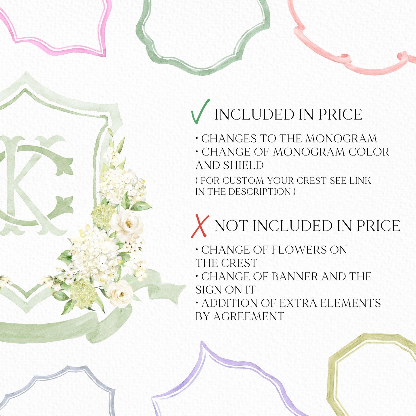 Green White Blue Hydrangea Flower Wedding Crest - Monogram Crest - Hydrangea Floral Luxury Watercolor Wedding Crest - Romantic Wedding Crest