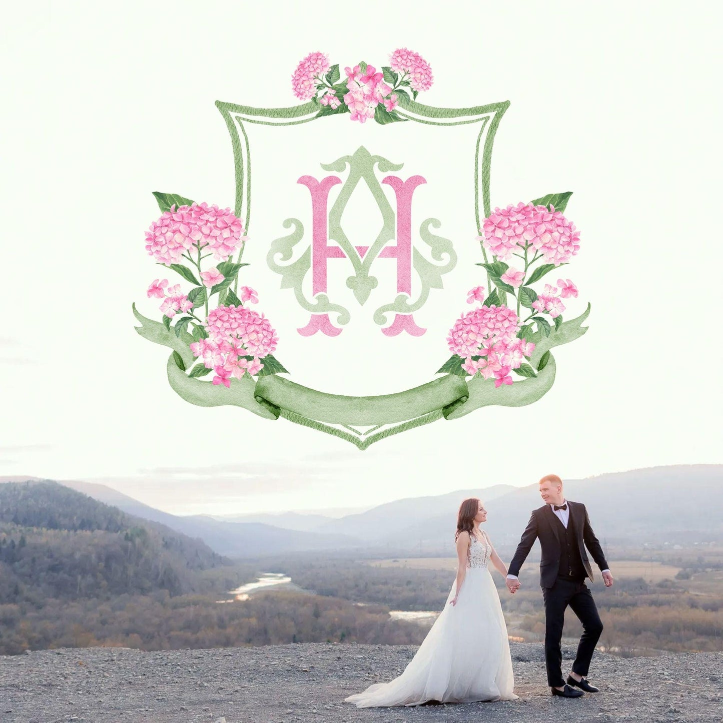 Pink Hydrangea Flower Wedding Crest - Monogram Crest - Hydrangea Light Pink Floral Luxury Watercolor Wedding Crest - Romantic Wedding Crest