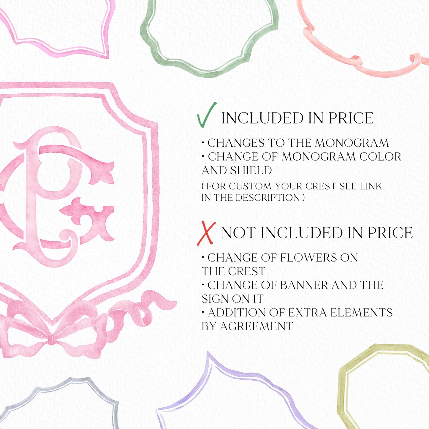 Pink Coquette Ribbon Bow Crest Wedding Crest - Monogram Crest - Pink Ribbon Bow Watercolor Wedding Crest Romantic Wedding Crest