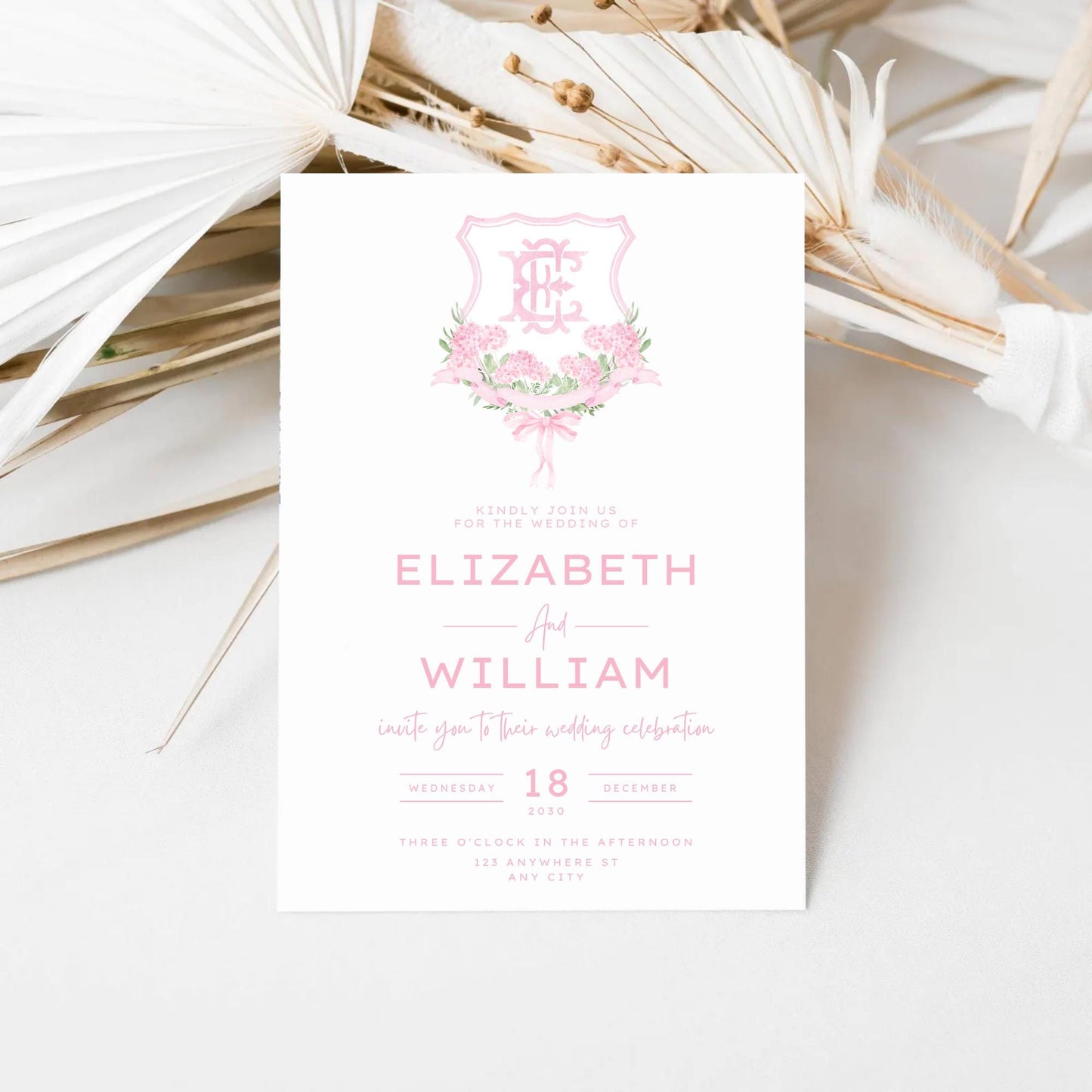 Pink Hydrangea Flower Wedding Crest - Monogram Crest - Hydrangea Light Pink Floral Luxury Watercolor Wedding Crest - Romantic Wedding Crest