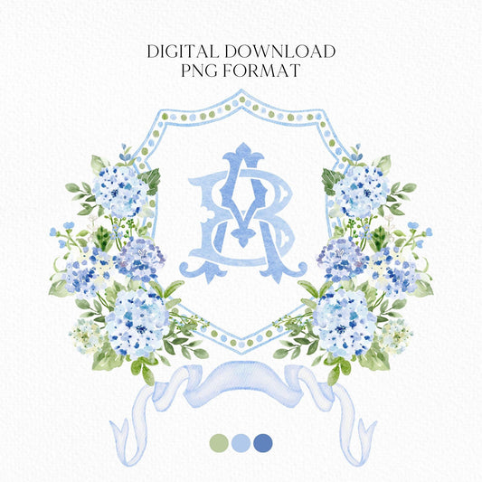 Hydrangea Flower Wedding Crest - Monogram Crest - Hydrangea Floral Luxury Watercolor Wedding Crest - Romantic Wedding Crest- Boho Hydrangea