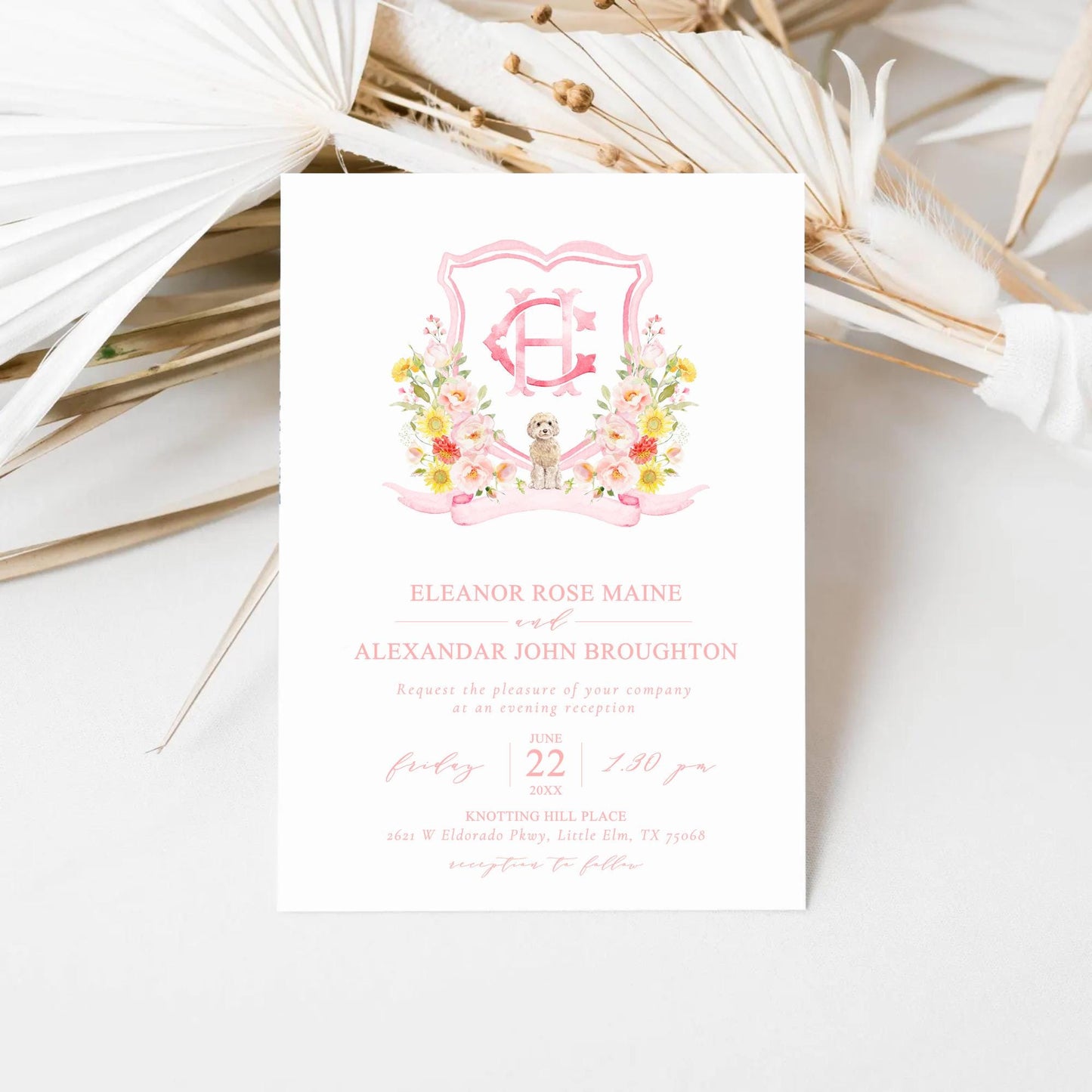 Coquette Flowers Blush Bright Colorful Watercolor Wedding Crest - Monogram Crest - Pastel Roses Floral Sunflower Watercolor Wedding Crest -