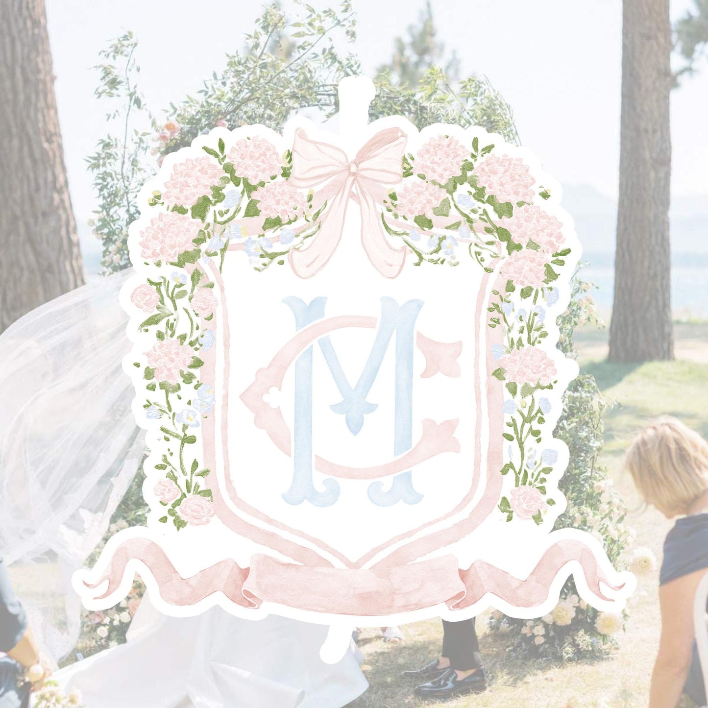 Hydrangea Pink Green Floral Wedding Crest - Monogram Crest - Green Baby's Breath Hydrangea Floral Luxury Watercolor Wedding Crest