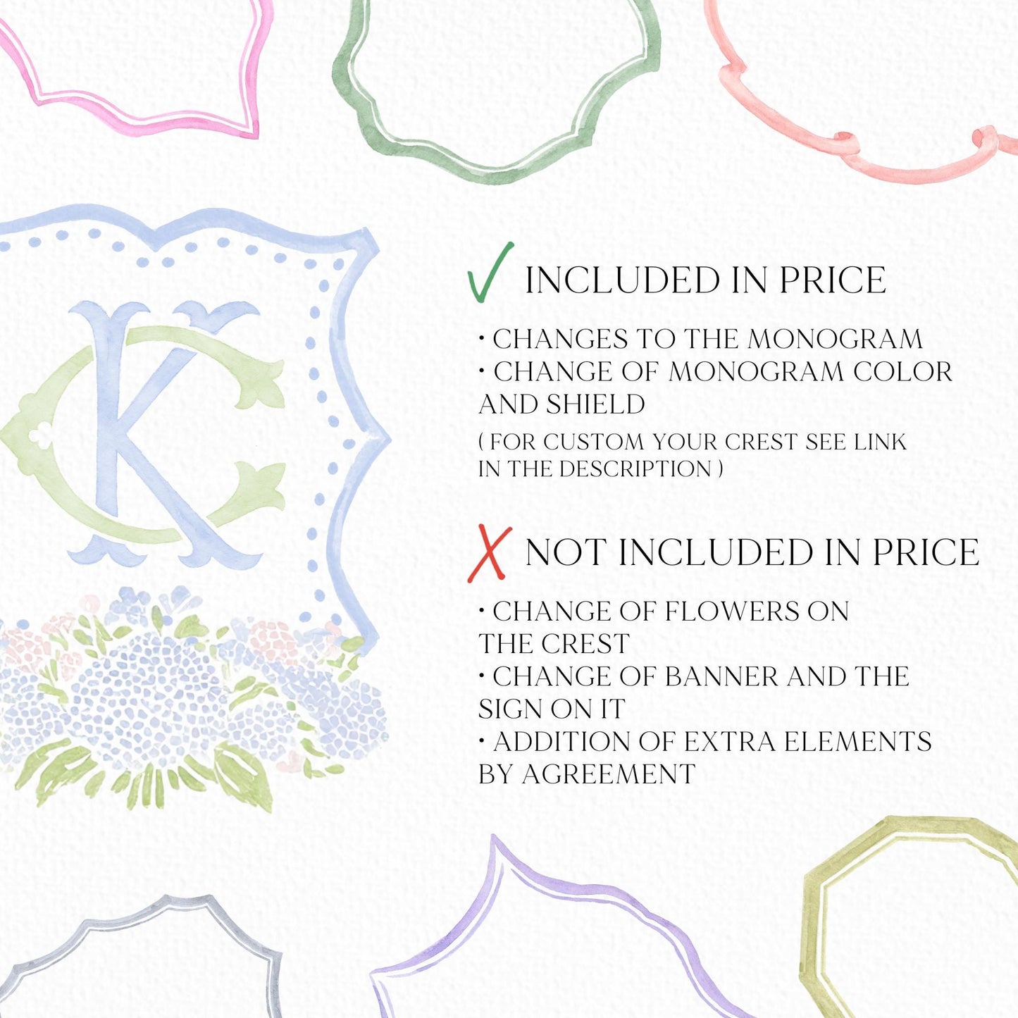 Pink Light Blue Hydrangea Flower Wedding Crest - Monogram Crest - Blue Hydrangea Floral Watercolor Wedding Crest - Romantic Wedding Crest