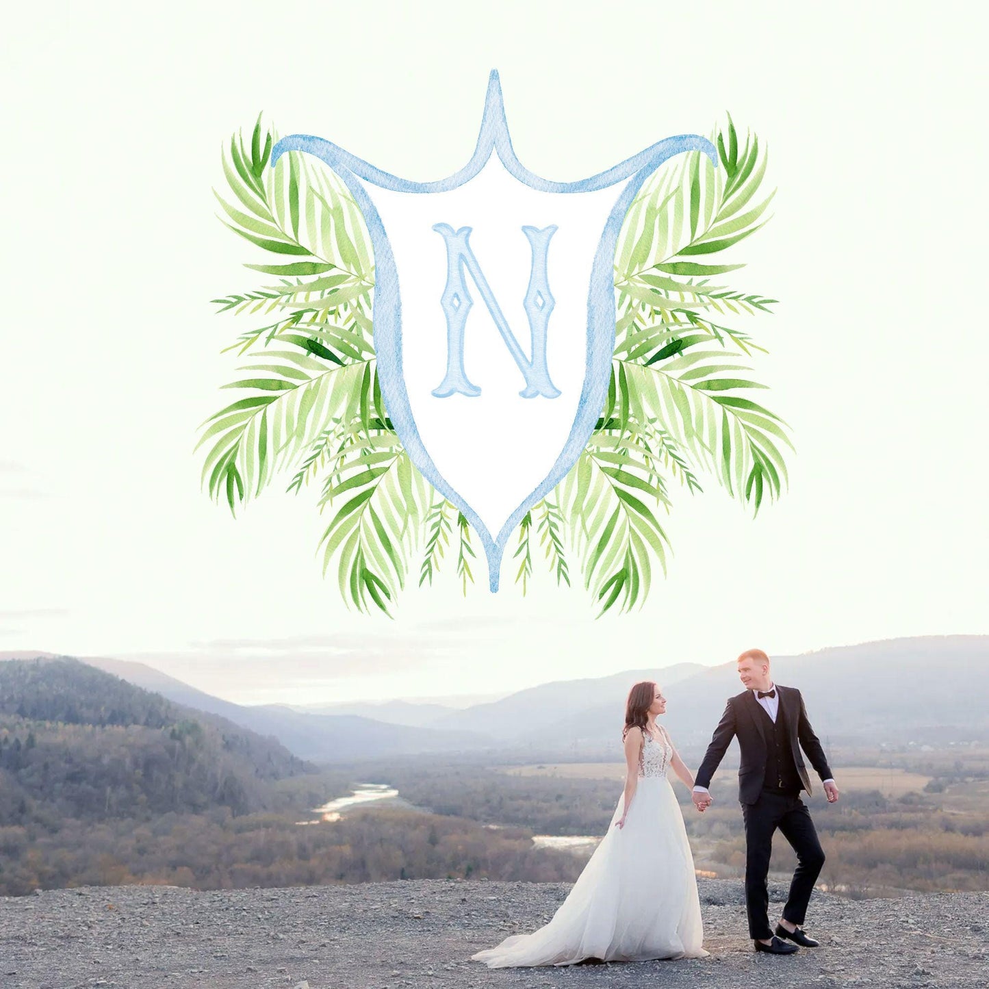 Palm Leaf Greenery Garden Watercolor Wedding Crest - Monogram Crest - Palm leaves Greenery Watercolor Wedding Crest - Romantic Wedding Crest