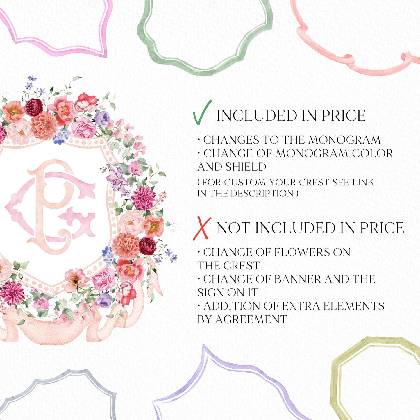 Wildflower Pink Flower Wedding Crest - Monogram Crest - Floral Luxury Watercolor Wedding Crest - Romantic Wedding Crest