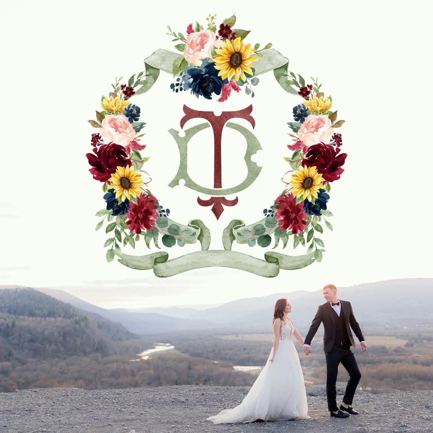 Sunflower Burgundy Red Blush Peony Rose Flower Wedding Crest - Monogram Crest - Floral Watercolor Wedding Crest - Romantic Wedding Crest