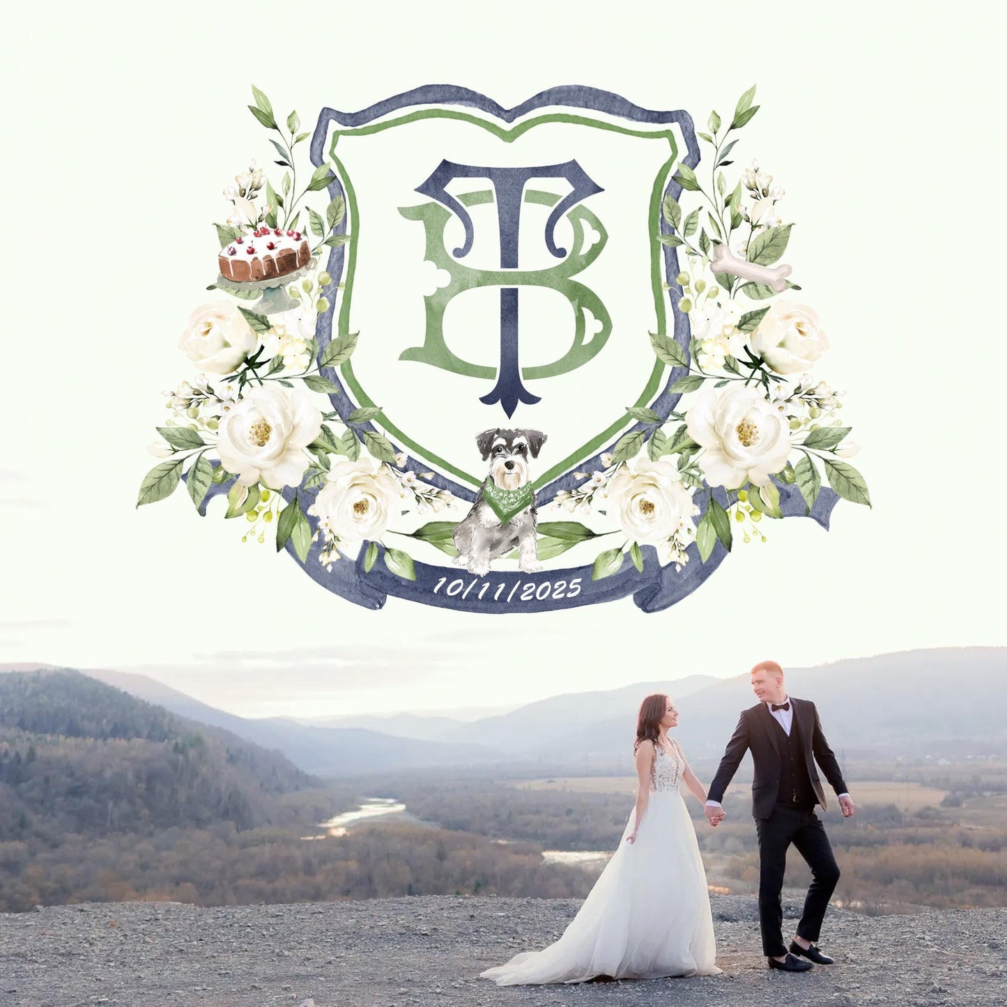 Creamy Rose Ivory Greenery White Flower Wedding Crest - Monogram Crest - White Floral Watercolor Wedding Crest - Romantic Wedding Crest