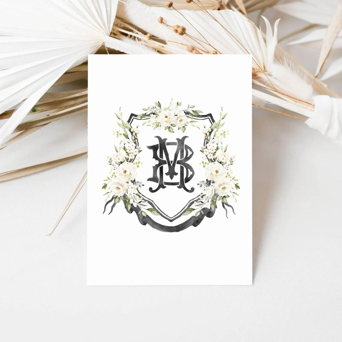 Creamy Rose Ivory Greenery White Flower Wedding Crest - Monogram Crest - White Floral Watercolor Wedding Crest - Romantic Wedding Crest
