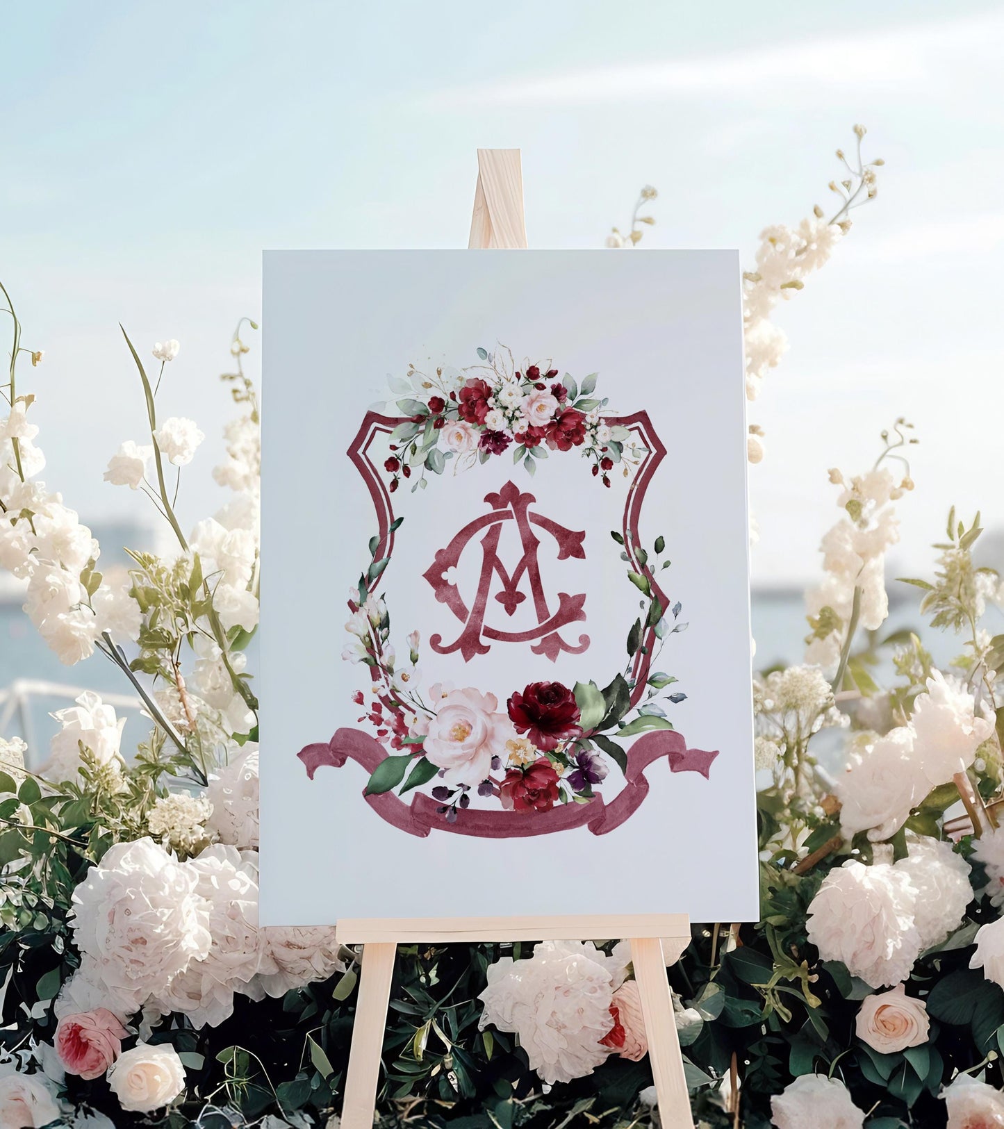 Geometric Burgundy blush Pink Floral Wedding Crest - Monogram Crest - Burgundy Floral Watercolor Wedding Crest - Romantic Wedding Crest