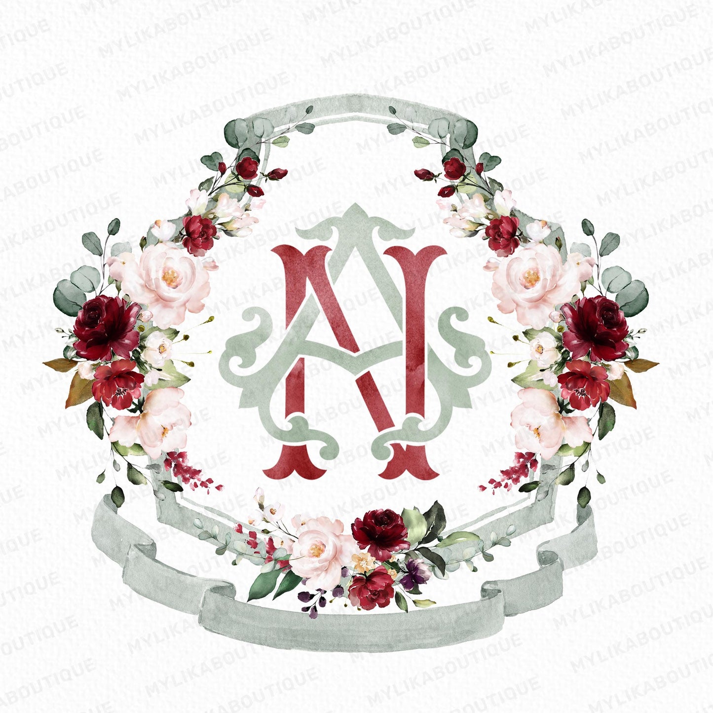 Geometric Burgundy blush Pink Floral Wedding Crest - Monogram Crest - Burgundy Floral Watercolor Wedding Crest - Romantic Wedding Crest