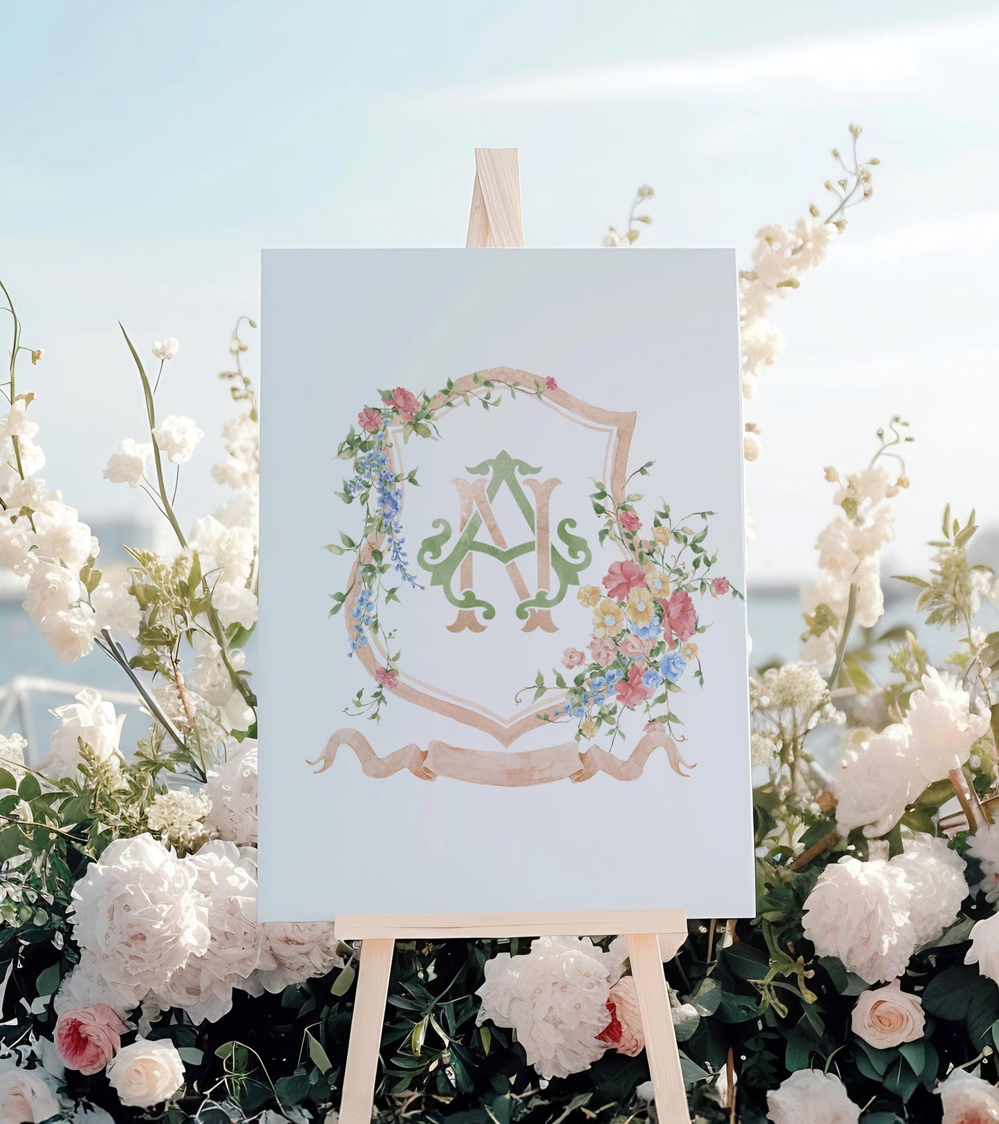 Wildflowers Pink Flower Garden Flowers Wedding Crest - Monogram Crest - Floral Luxury Watercolor Wedding Crest - Romantic Wedding Crest