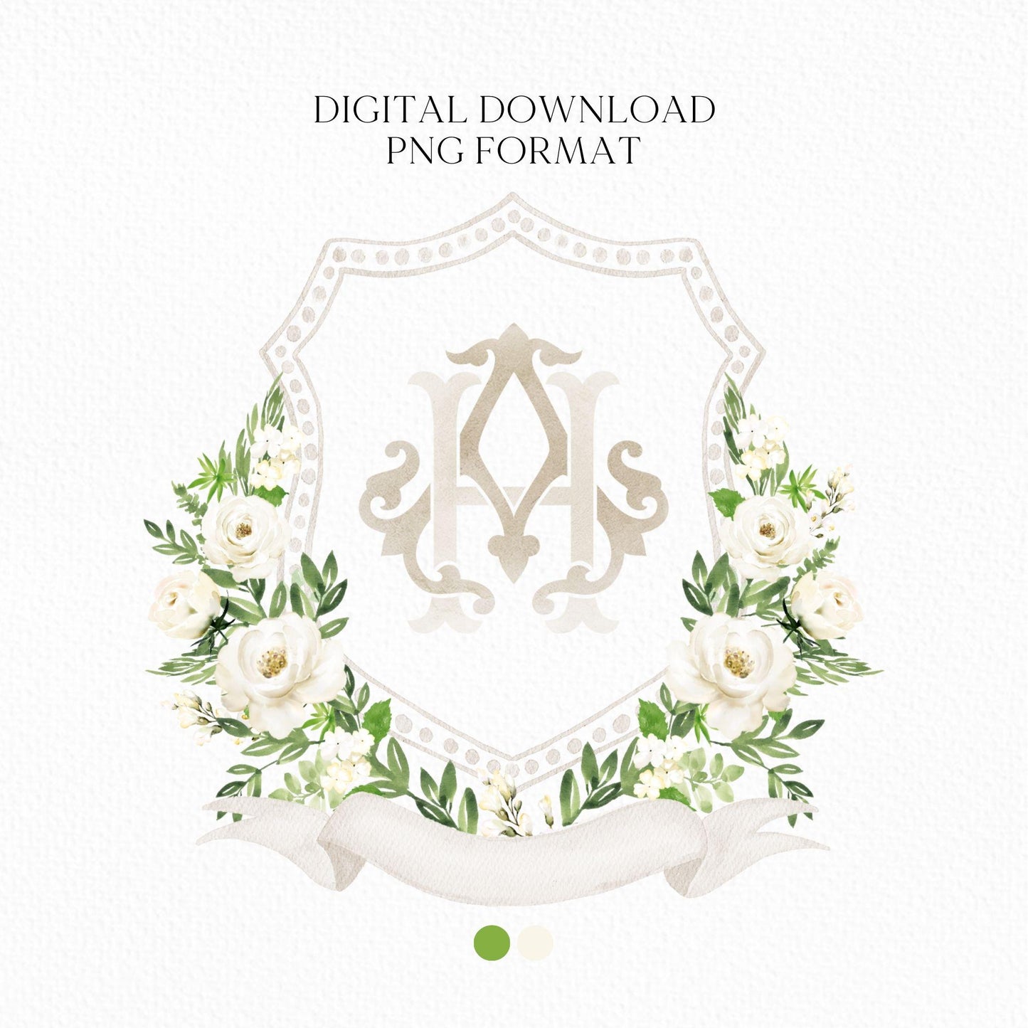 White Rose Greenery White Flower Wedding Crest - Monogram Crest - White Floral Watercolor Wedding Crest - Romantic Wedding Crest