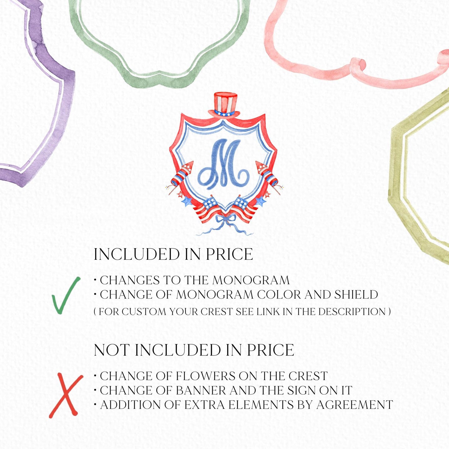 Patriotic 4th July Independence Day Wedding Watercolor Crest - Monogram Crest - Crest USA Watercolor Wedding Crest - Romantic Wedding Crest