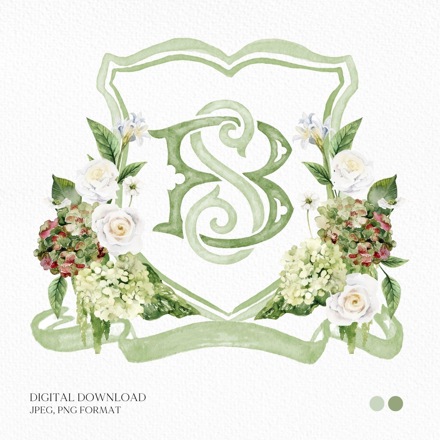 Green Hydrangea Flower Wedding Crest - Monogram Crest - Lush bright Greenery Floral Watercolor Wedding Crest - Australian Wedding Crest