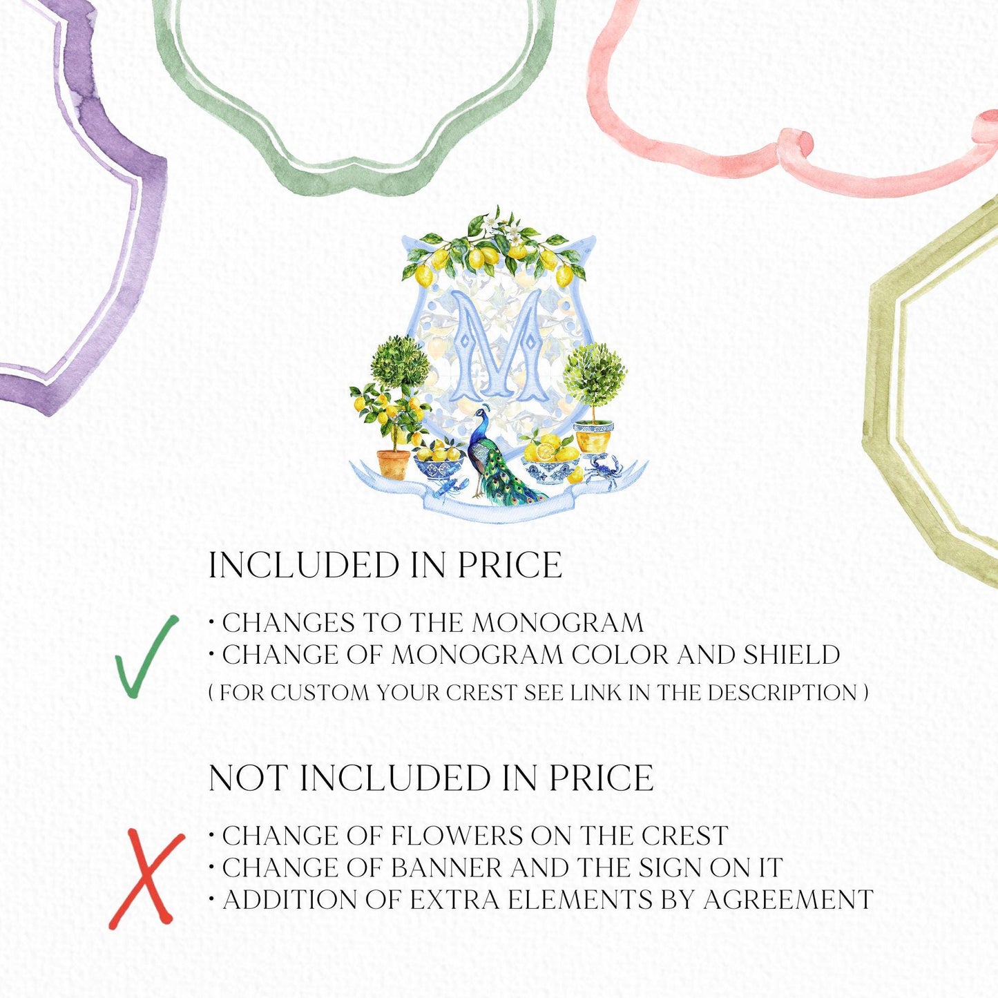 Mediterranean Tiles and Lemons Wedding Crest - Monogram Crest - Mediterranean Tiles Watercolor Wedding Crest - Italy Style Monogram Crest