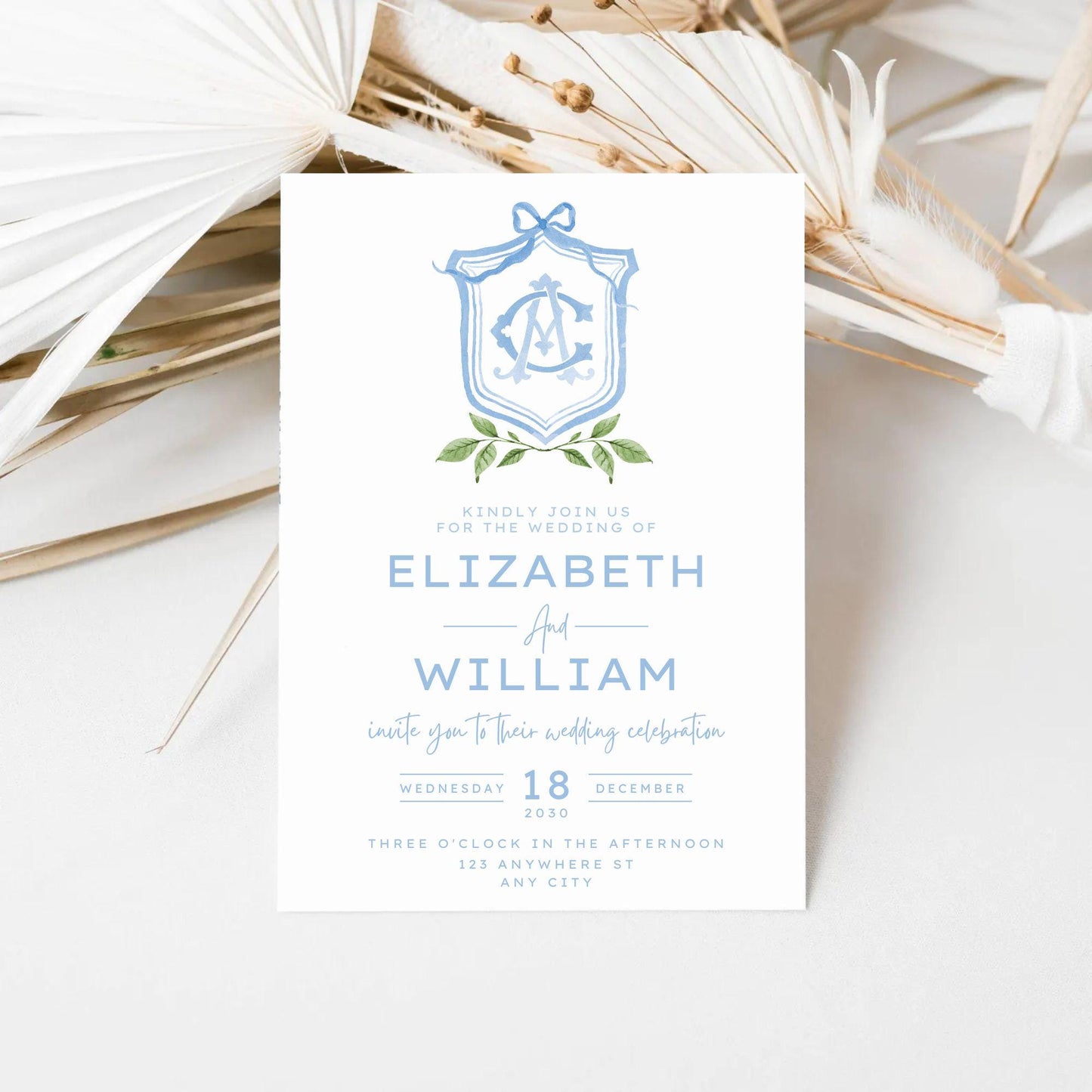 Watercolor Classic Eucalyptus Ribbon Flower Wedding Crest - Monogram Crest -  Luxury Watercolor Wedding Crest - Romantic Wedding Crest