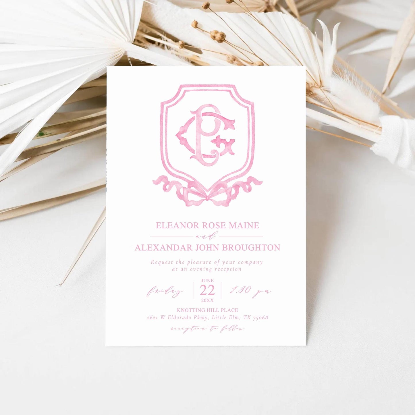 Pink Coquette Ribbon Bow Crest Wedding Crest - Monogram Crest - Pink Ribbon Bow Watercolor Wedding Crest Romantic Wedding Crest