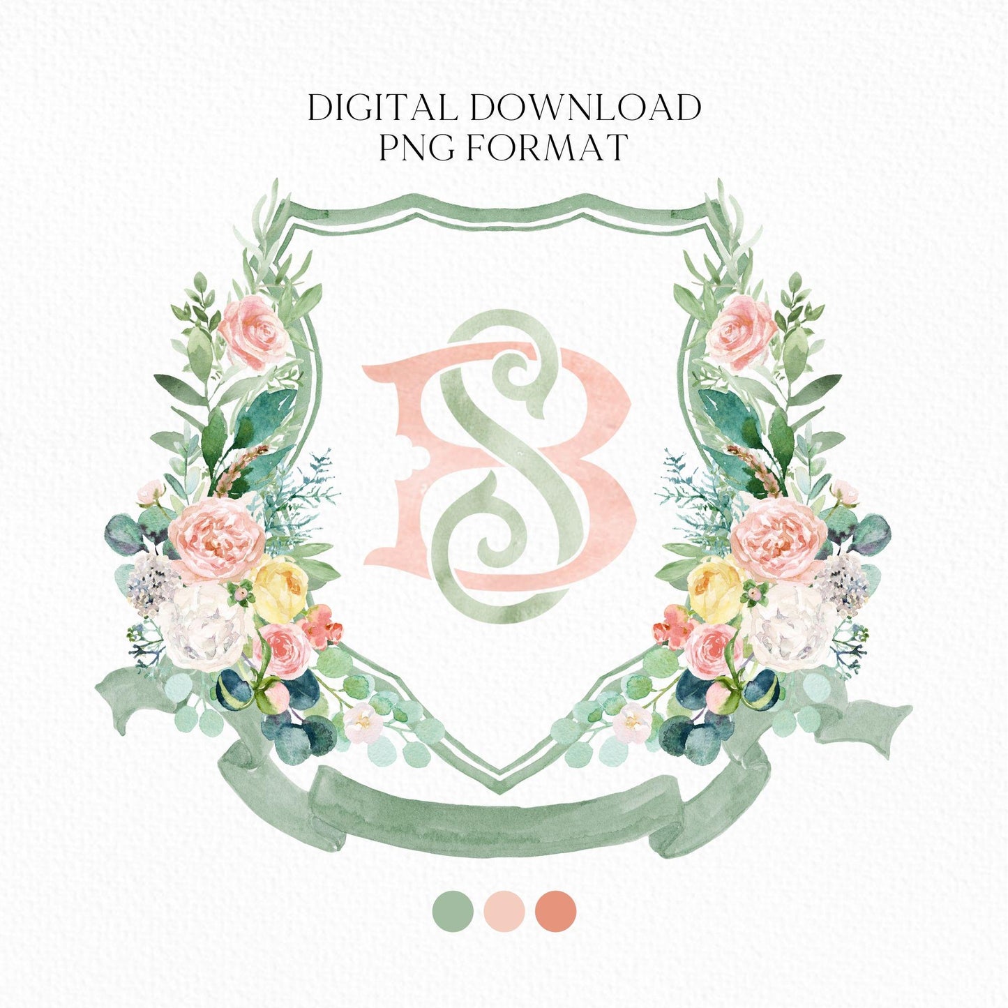 Boho Pink Flowers Greenery Wedding Crest - Monogram Crest - Pink Floral Luxury Watercolor Wedding Crest - Romantic Wedding Crest