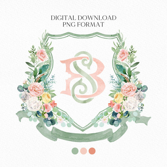 Boho Pink Flowers Greenery Wedding Crest - Monogram Crest - Pink Floral Luxury Watercolor Wedding Crest - Romantic Wedding Crest
