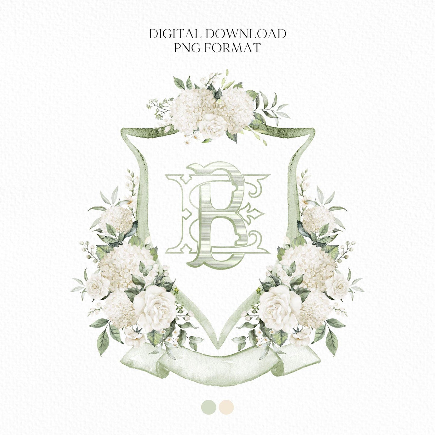 Hydrangea White Rose Greenery Flower Wedding Crest - Monogram Crest - Hydrangea White Floral Watercolor Wedding Crest Romantic Wedding Crest