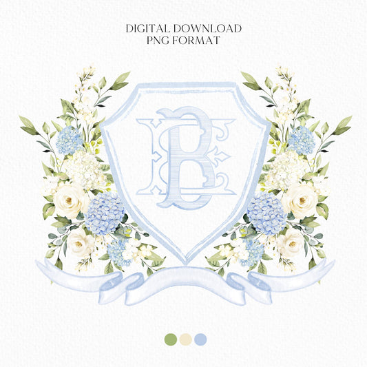 Hydrangea Flower Wedding Crest - Monogram Crest - Hydrangea Floral Luxury Watercolor Wedding Crest - Romantic Wedding Crest- Boho Hydrangea