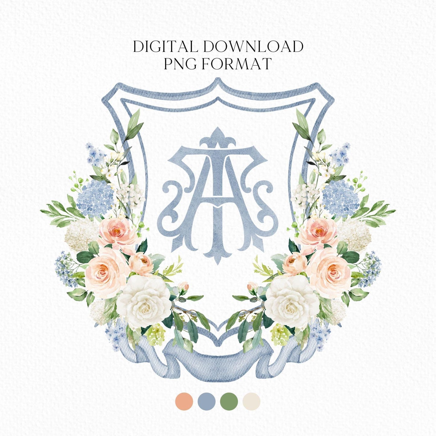 Being Dusty Light blue  Flower Wedding Crest - Monogram Crest - White Floral Watercolor Wedding Crest - Wedding Crest - Boho Hydrangea