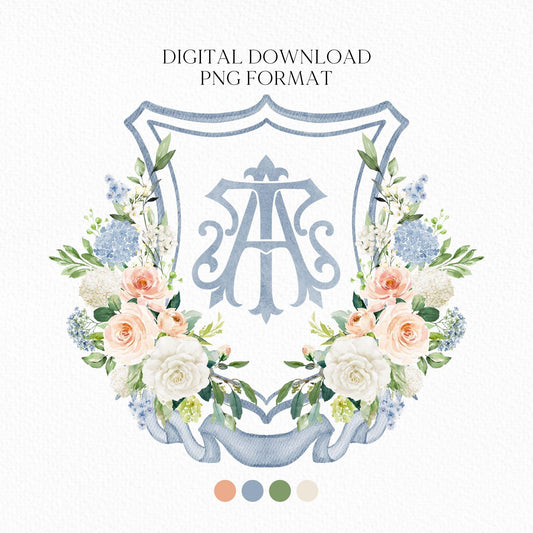 Being Dusty Light blue  Flower Wedding Crest - Monogram Crest - White Floral Watercolor Wedding Crest - Wedding Crest - Boho Hydrangea