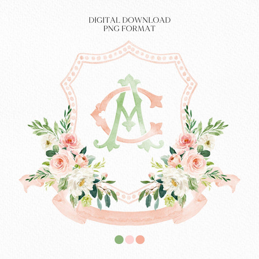 Blush Pink Floral Rustic Greenery Flower Wedding Crest - Monogram Crest - Floral Watercolor Wedding Crest - Romantic Wedding Crest