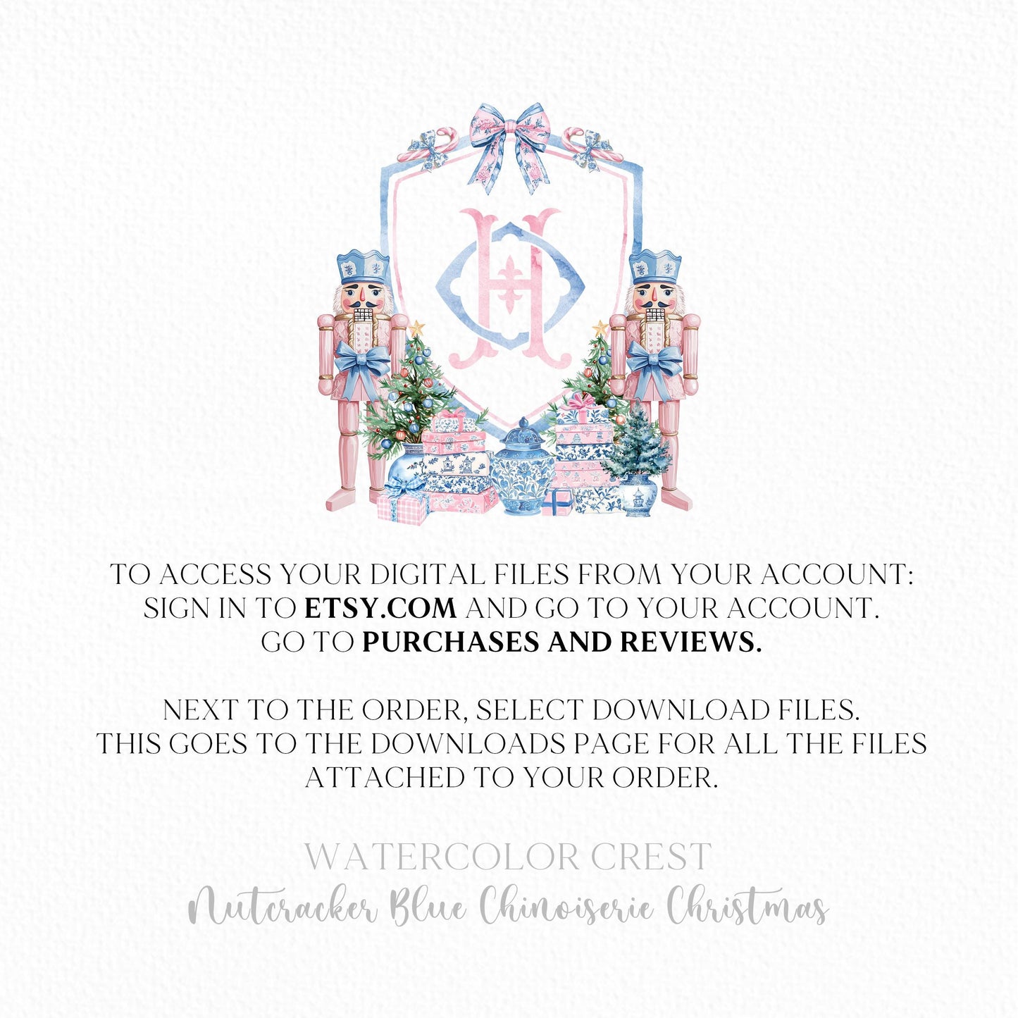 Nutcracker Blue Chinoiserie Christmas Crest - Monogram Crest - Christmas Watercolor Crest DIY - Luxury Watercolor Wedding Crest - Christmas