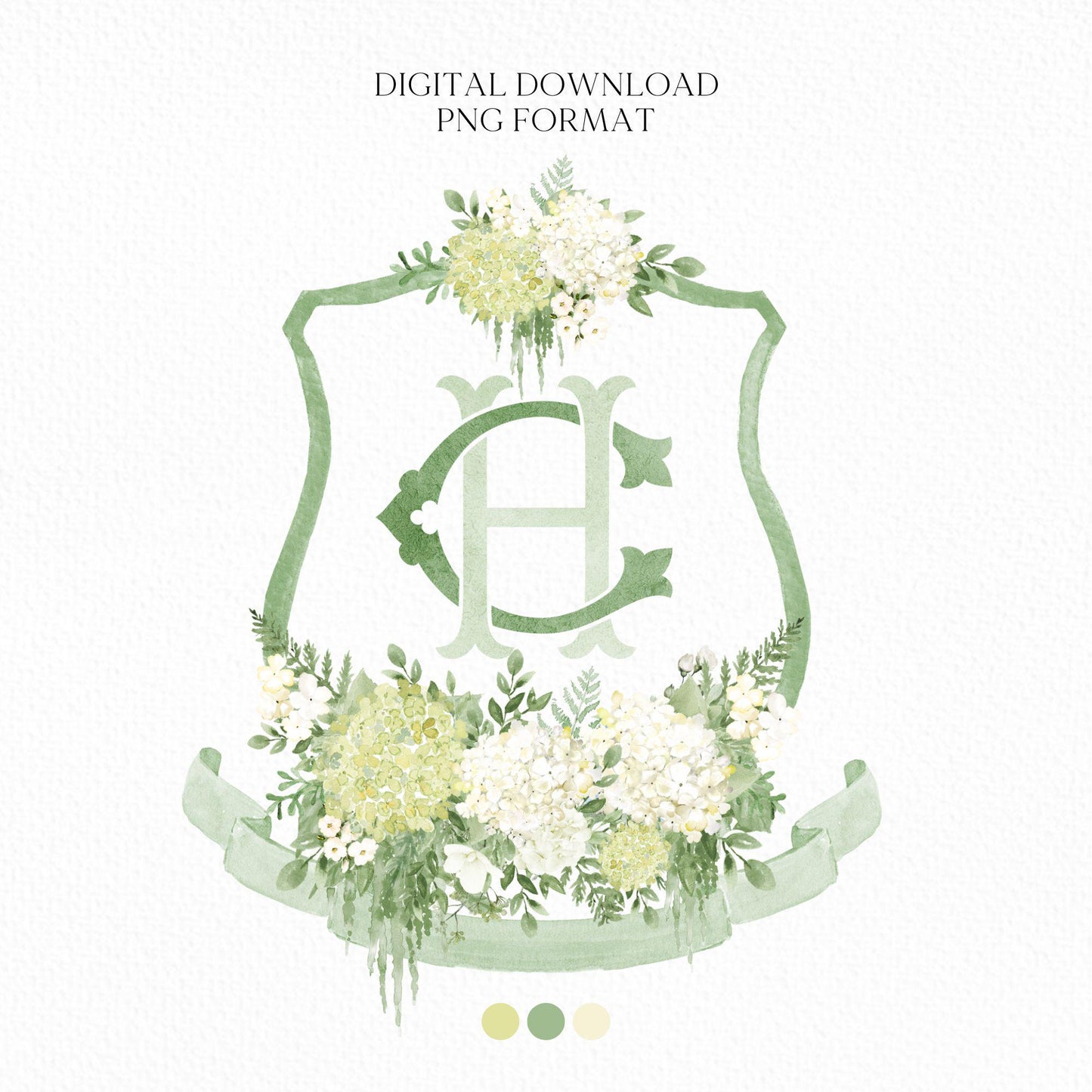 Green Hydrangea Flower Wedding Crest - Monogram Crest - Hydrangea White Floral Luxury Watercolor Wedding Crest - Romantic Wedding Crest