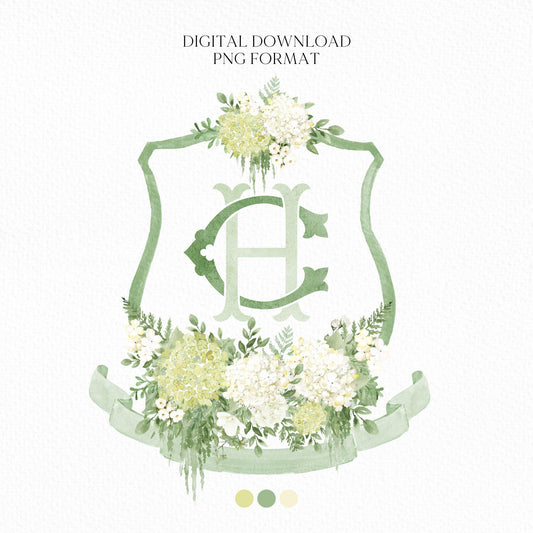 Green Hydrangea Flower Wedding Crest - Monogram Crest - Hydrangea White Floral Luxury Watercolor Wedding Crest - Romantic Wedding Crest