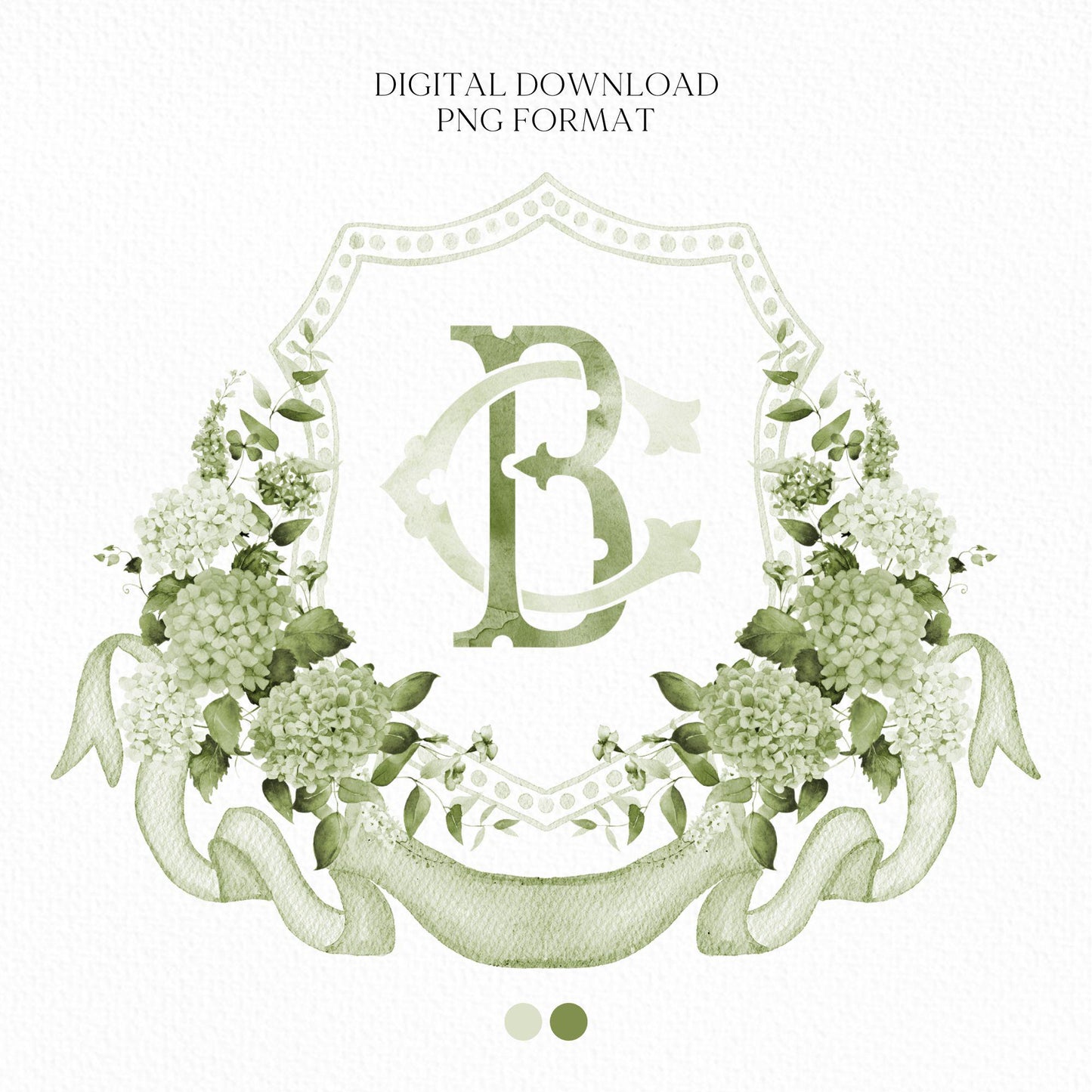 Green Hydrangea Flower Wedding Crest - Monogram Crest - Hydrangea Floral Watercolor Wedding Crest - Romantic Wedding Crest - Boho Hydrangea