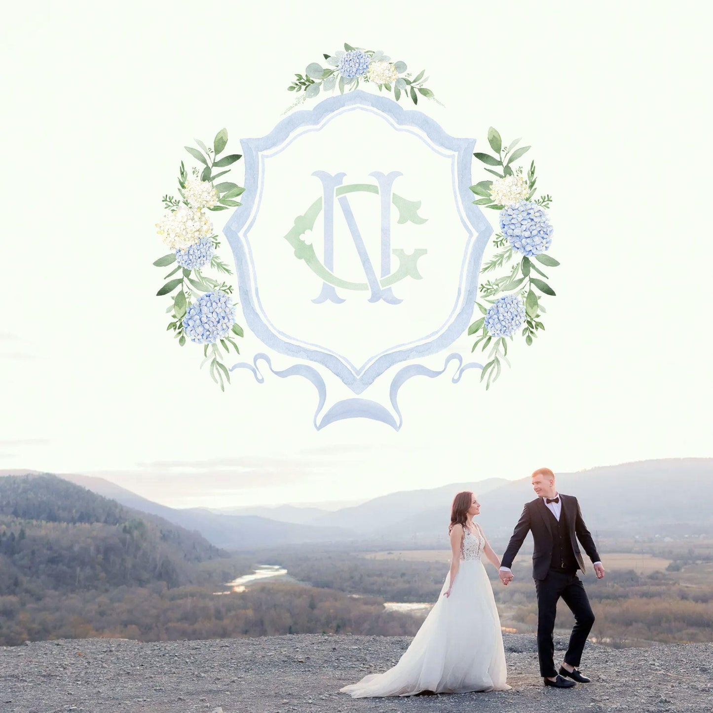 Hydrangea Flower Wedding Crest - Monogram Crest - Hydrangea Floral Luxury Watercolor Wedding Crest - Romantic Wedding Crest- Boho Hydrangea