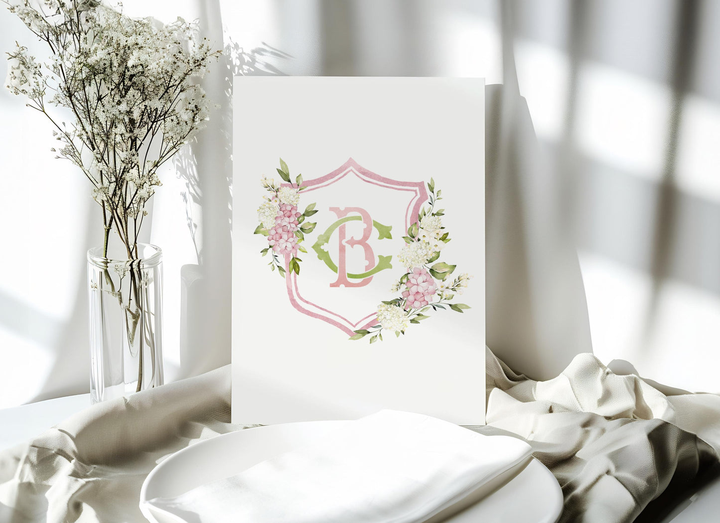 Pink Hydrangea Flower Wedding Crest - Monogram Crest - Hydrangea Floral Luxury Watercolor Wedding Crest - Romantic Wedding Crest