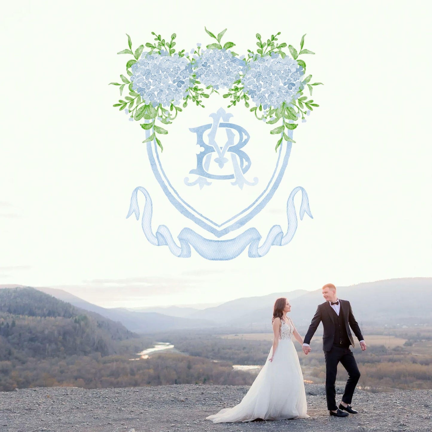Hydrangea Flower Wedding Crest - Monogram Crest - Hydrangea Floral Luxury Watercolor Wedding Crest - Romantic Wedding Crest- Boho Hydrangea