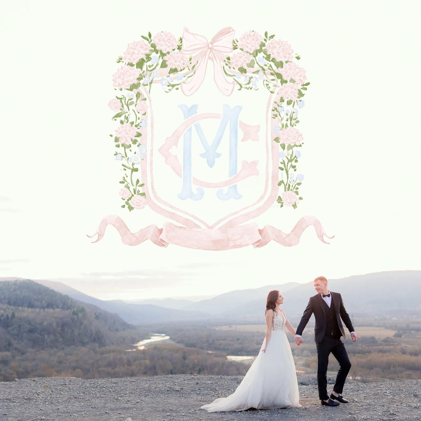 Hydrangea Pink Green Floral Wedding Crest - Monogram Crest - Green Baby's Breath Hydrangea Floral Luxury Watercolor Wedding Crest