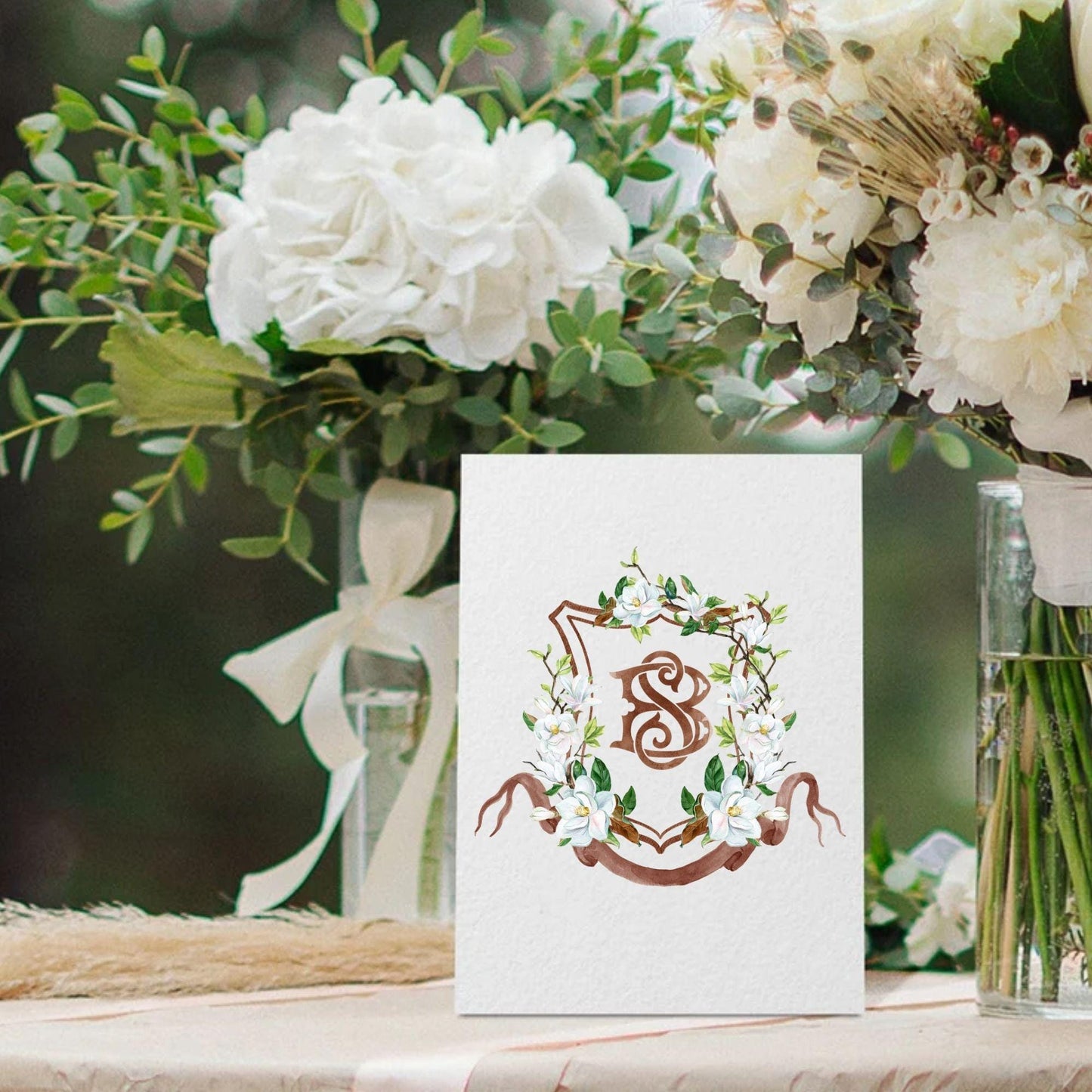 Magnolia Greenery Flower Watercolor Wedding Crest - Monogram Crest - Magnolia Floral Watercolor Wedding Crest - Romantic Wedding Crest