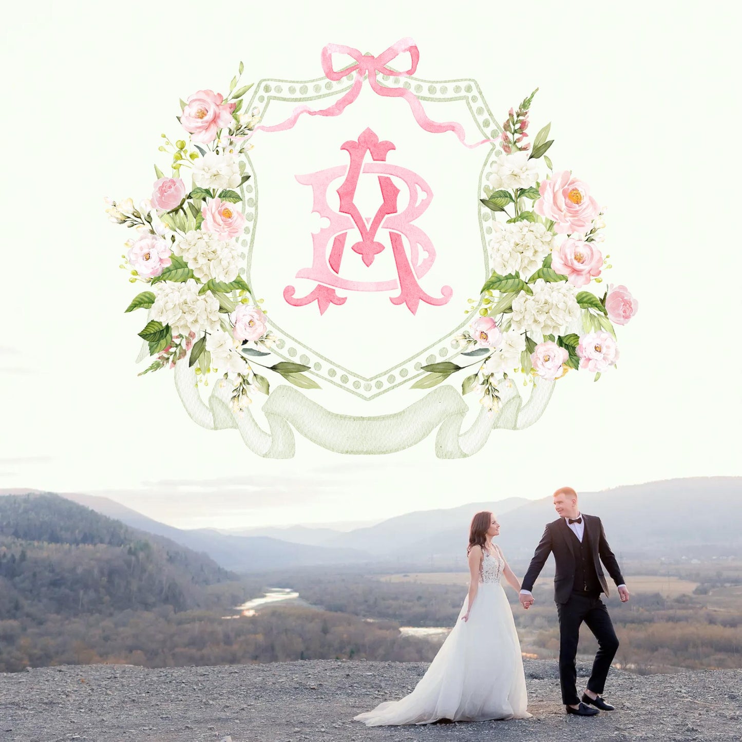 White Hydrangea Blush Pink Rose Flower Wedding Crest - Monogram Crest - Hydrangea Floral Luxury Watercolor Wedding Crest