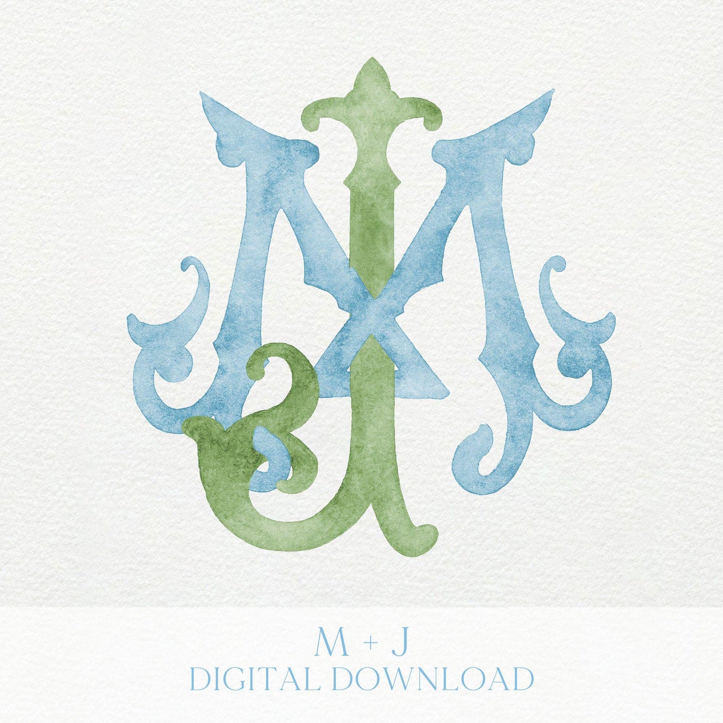 Watercolor Wedding Monogram MJ – Classic Lettered Crest (Digital Download)