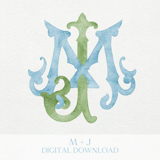 Watercolor Wedding Monogram MJ – Classic Lettered Crest (Digital Download)
