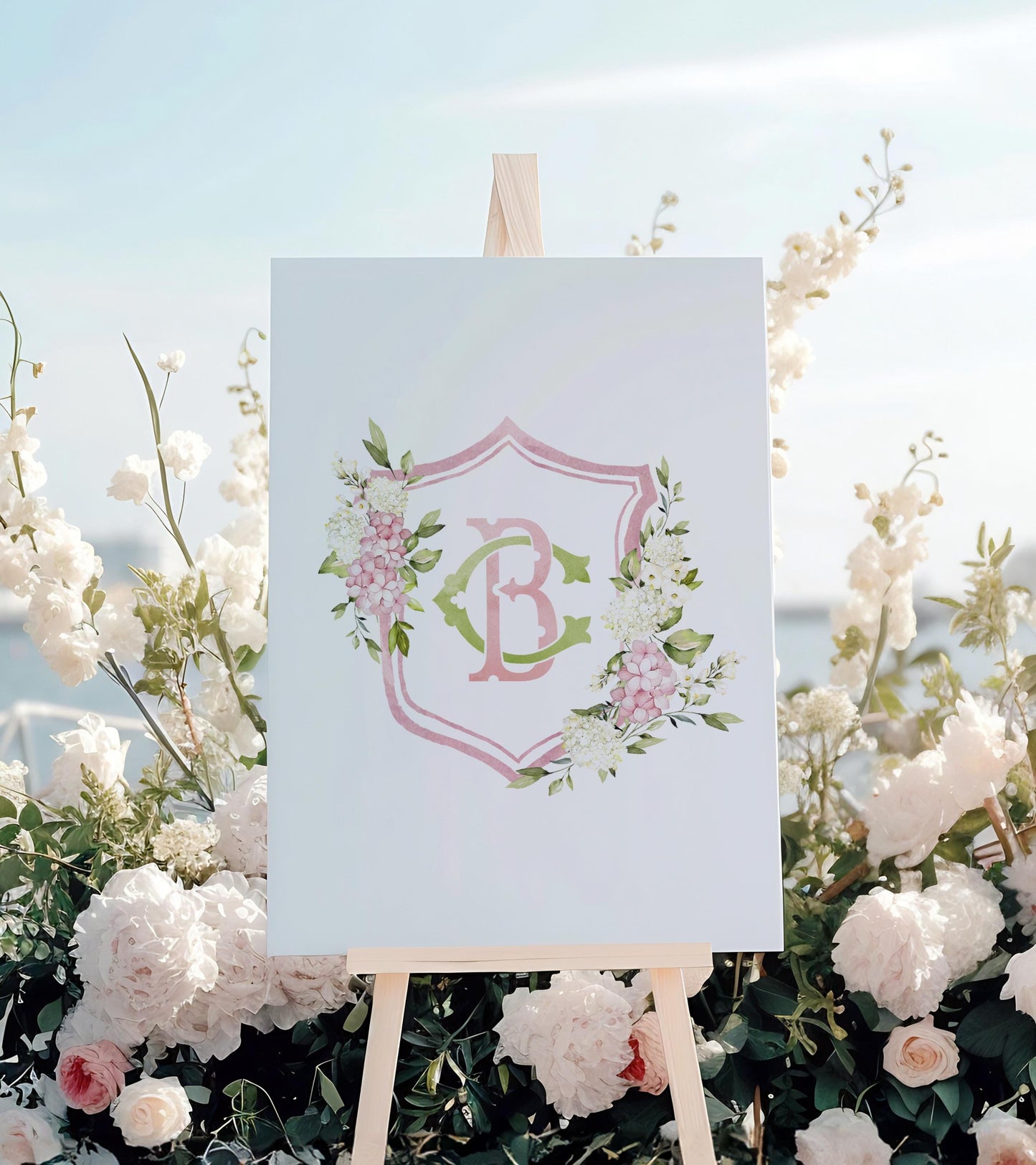 Pink Hydrangea Flower Wedding Crest - Monogram Crest - Hydrangea Floral Luxury Watercolor Wedding Crest - Romantic Wedding Crest