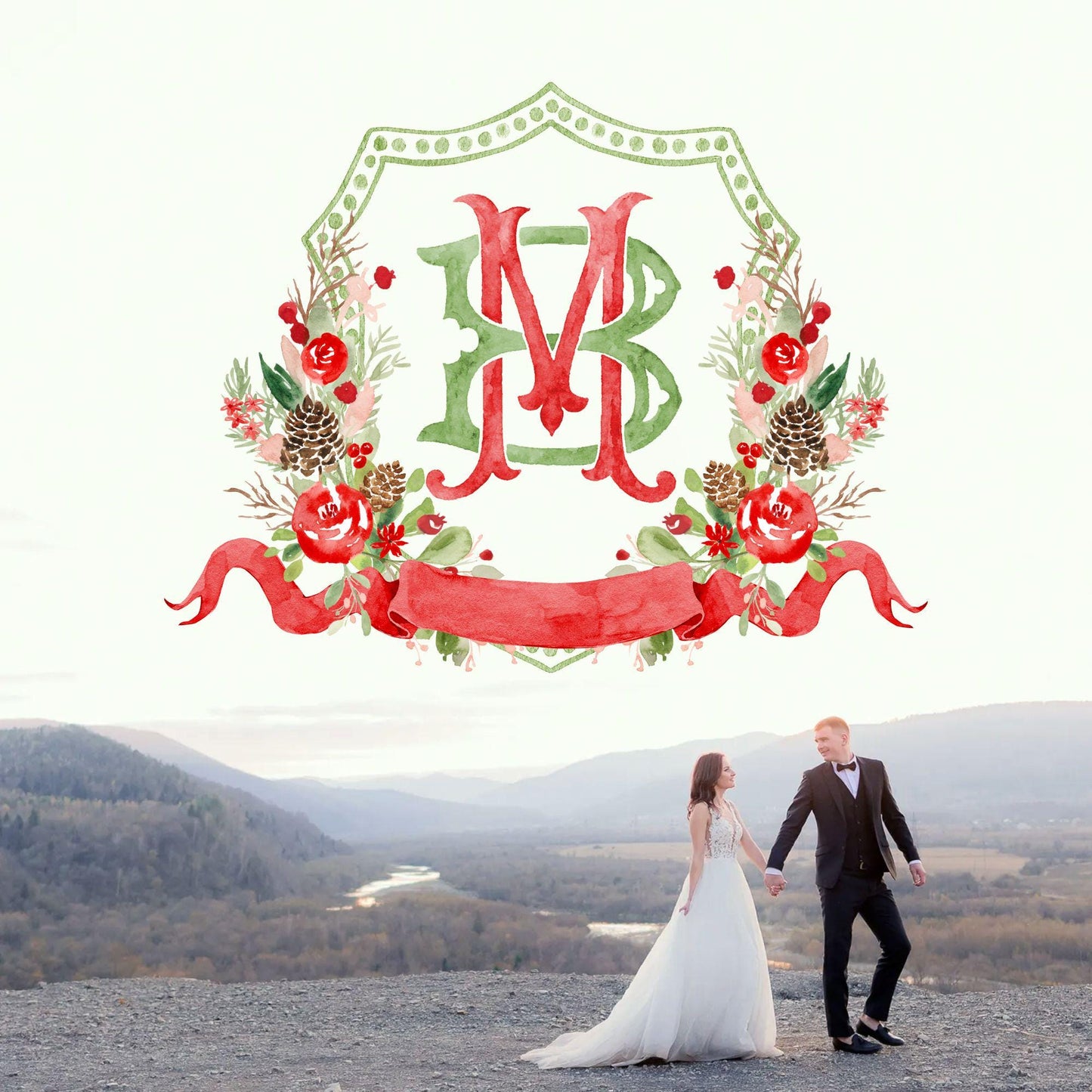 Custom Monogram Christmas Wedding Crest - Rose Hips Floral Watercolor - Winter Christmas Watercolors Crests