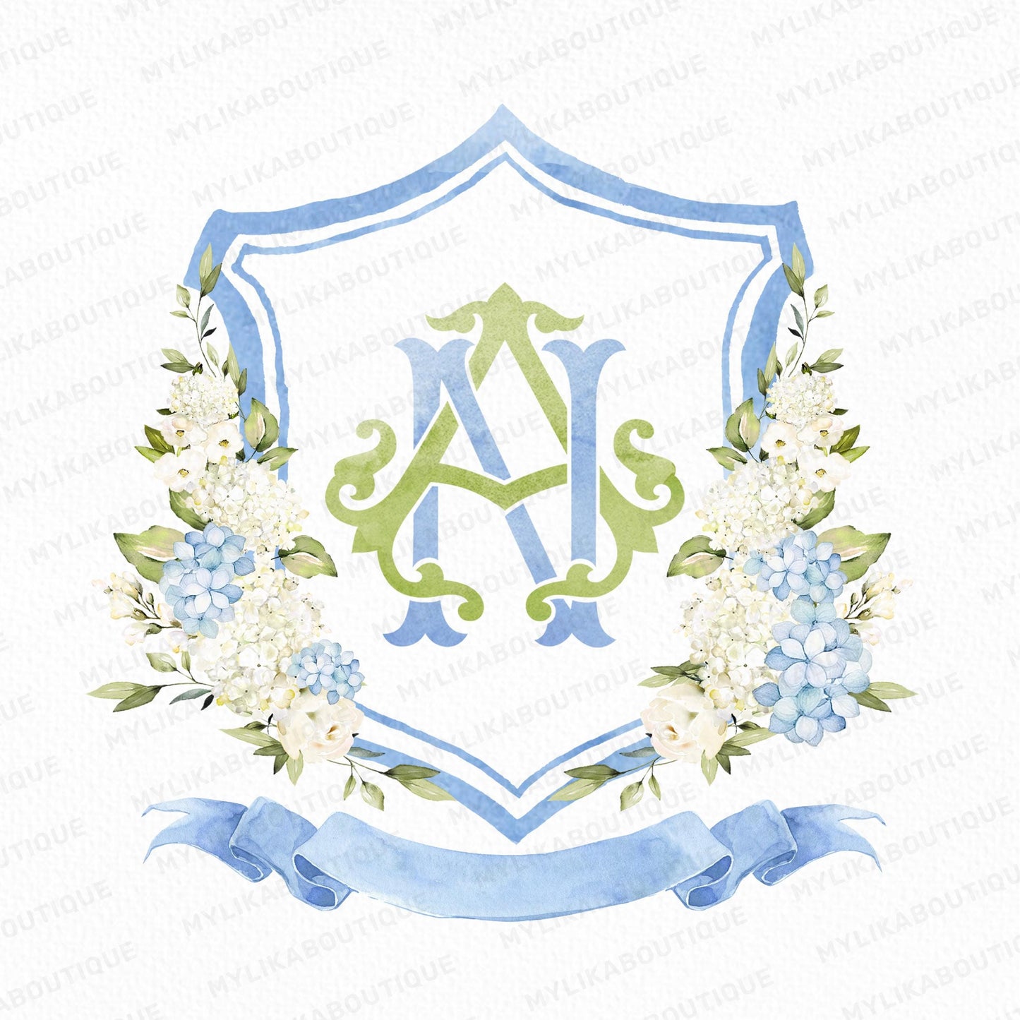 Hydrangea Flower Wedding Crest - Monogram Crest - Hydrangea Floral Luxury Watercolor Wedding Crest - Romantic Wedding Crest- Boho Hydrangea