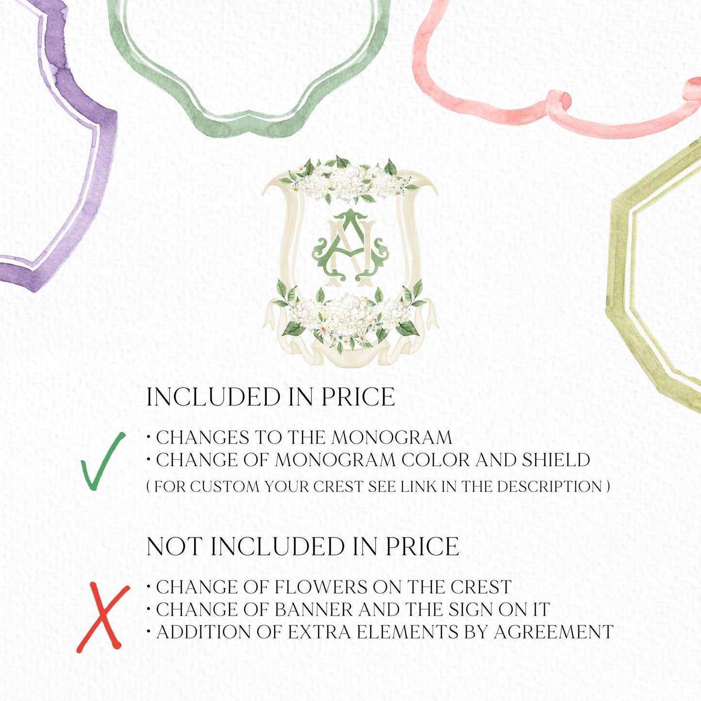 Hydrangea White Green Wedding Crest - Monogram Crest - Hydrangea Floral Luxury Watercolor Wedding Crest - Romantic Wedding Crest