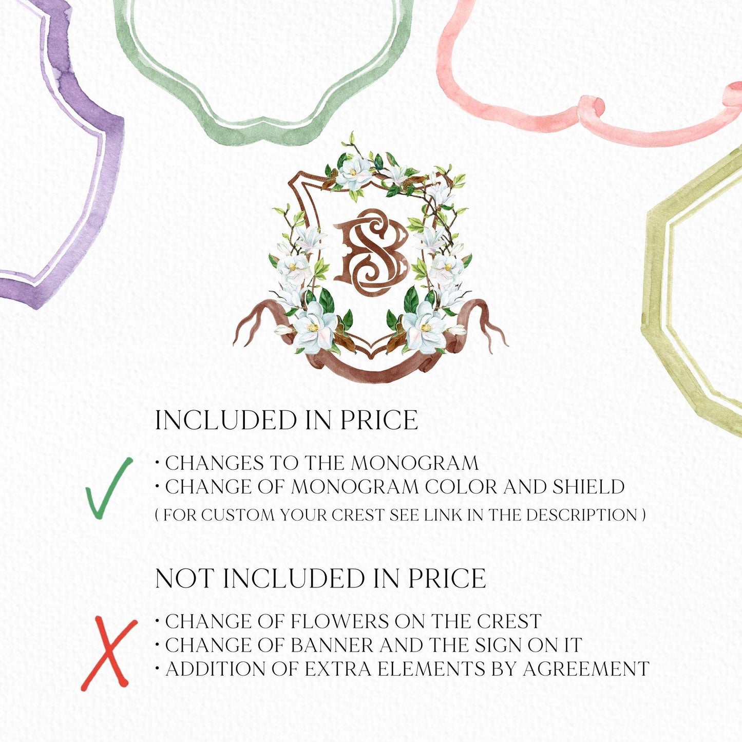 Magnolia Greenery Flower Watercolor Wedding Crest - Monogram Crest - Magnolia Floral Watercolor Wedding Crest - Romantic Wedding Crest