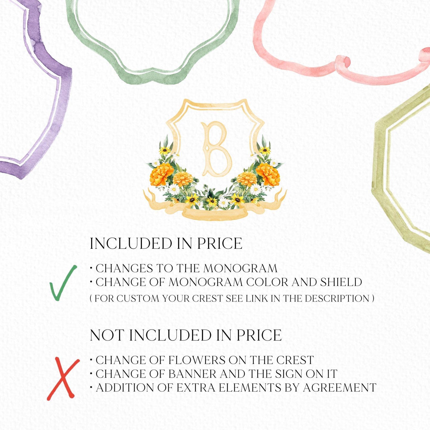 Marigold Floral Watercolor Wedding Crest - Monogram Crest - Dainty Floral Watercolor Wedding Crest - Romantic Wedding Crest