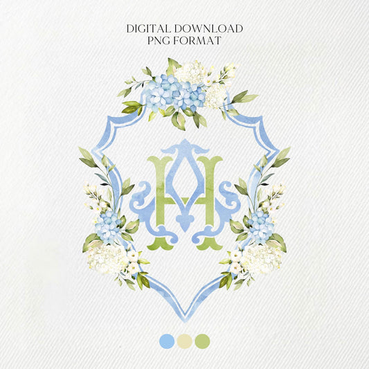 Hydrangea Flower Wedding Crest - Monogram Crest - Hydrangea Floral Luxury Watercolor Wedding Crest - Romantic Wedding Crest- Boho Hydrangea